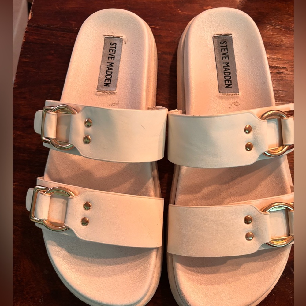 Cream Slide Sandals with Gold Buckle